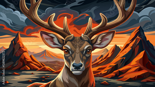 Portrait of majestic red deer stag in volcanic terrain of black rocks and rugged beauty