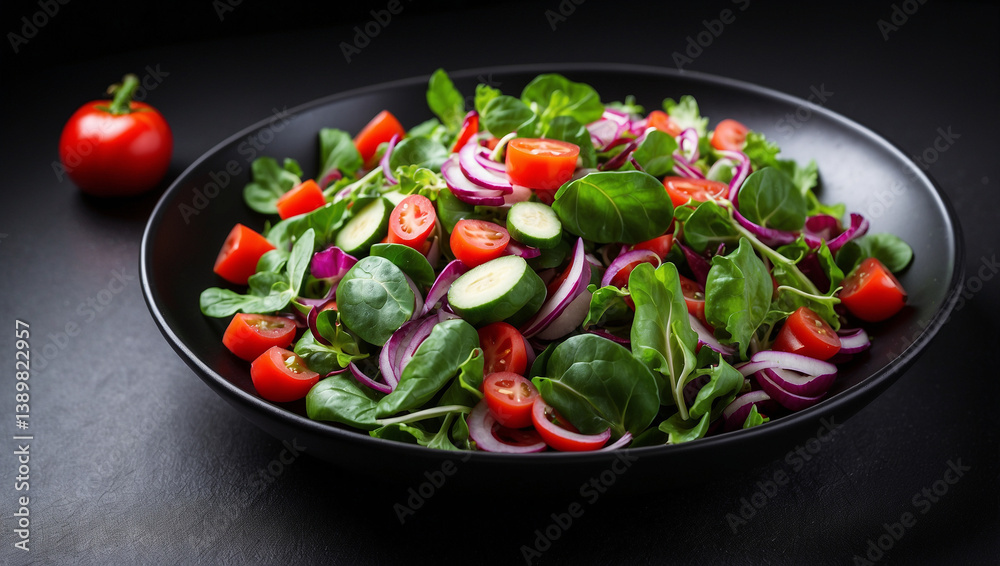Colorful Fresh Vegetable Salad Served in a Black Plate for a Modern Presentation
