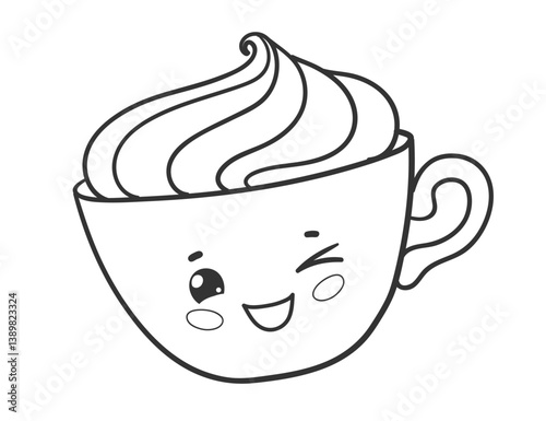 Vector line art illustration of a cute coffee cup with kawaii winking face and whipped cream topping.