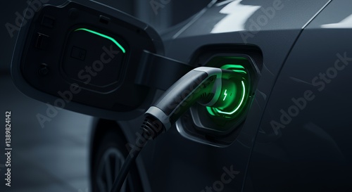 Charging Electric Vehicle with Green Light Showing Charging Process Close-up