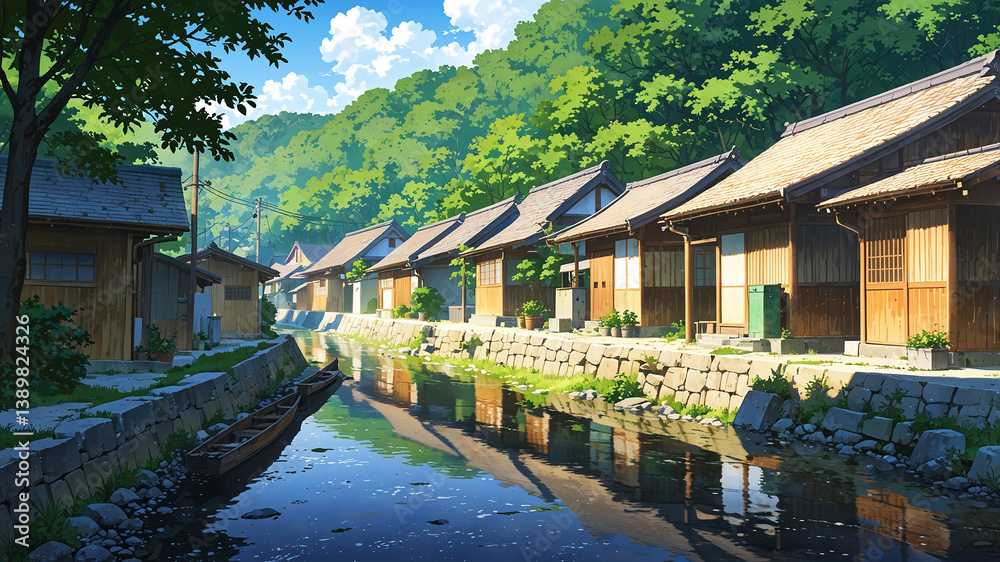 Fototapeta premium Anime-style scene of a peaceful village with traditional Japanese houses and a serene river