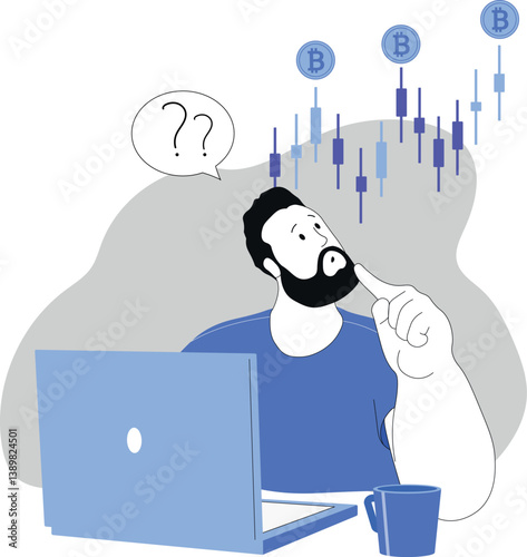 Cryptocurrency trading, man at laptop monitors bitcoin rate. Vector, profitable investment in digital currency, income