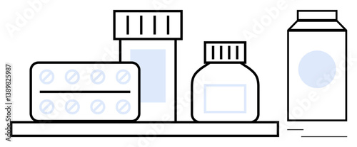 Medicine bottles, a pill blister pack, and container displayed on a shelf. Ideal for healthcare, prescription, pharmaceutical supply, wellness, hygiene treatment and medical safety. Flat simple