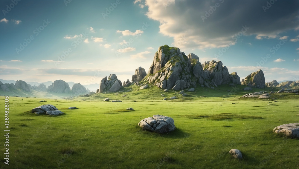 Peaceful Grass Fields and Meadows with Rocks and Moss for a Natural Scene