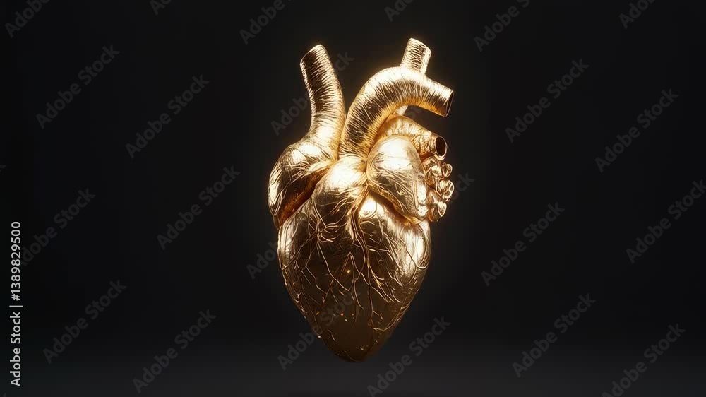 Golden anatomical heart rotating gracefully against dark background Golden anatomical heart rotating gracefully against dark background