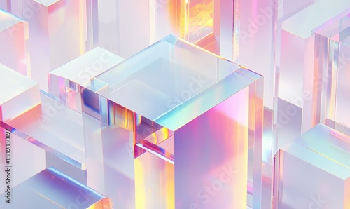 Iridescent glass cubes, abstract city, pastel background, digital art, website banner