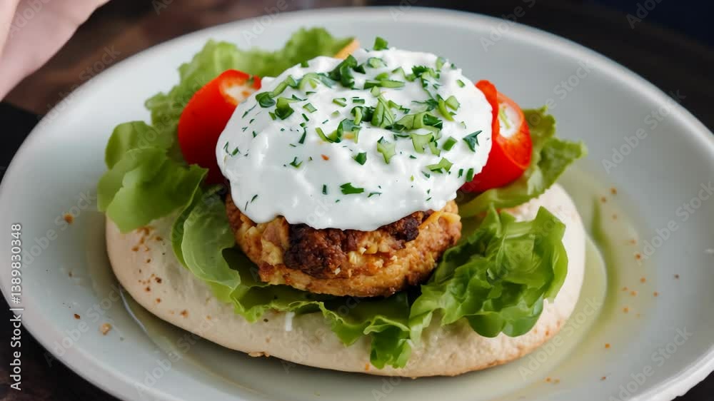 Preparing a fresh burger with vegetables and tzatziki sauce on pita bread. Preparing a fresh burger with vegetables and tzatziki sauce on pita bread.