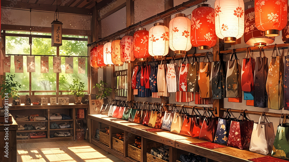 Obraz premium shop set in ancient japanese time in the afternoon. focus on the item on display. anime like. bright and vivid color. soft light. day time.