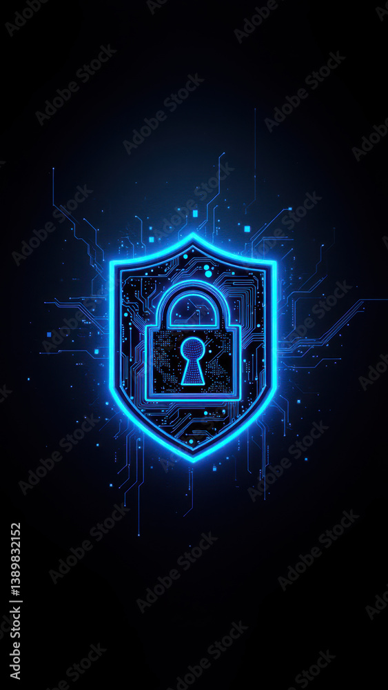 Fototapeta premium Intricate blue digital shield with lock symbol, representing cybersecurity.