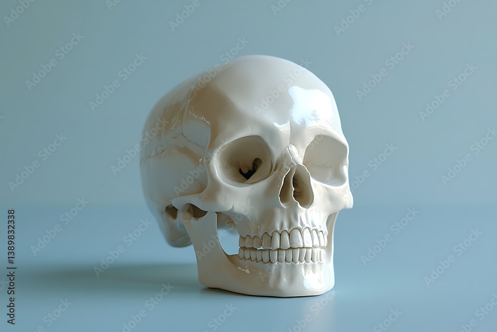 A smooth white human skull against a soft blue background A smooth white human skull against a soft blue background