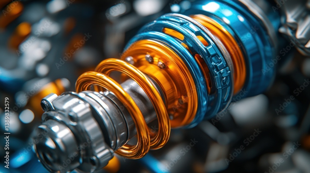 Obraz premium Close-up view of automotive suspension components. Detailed engineering of shock absorbers, springs, and metal parts