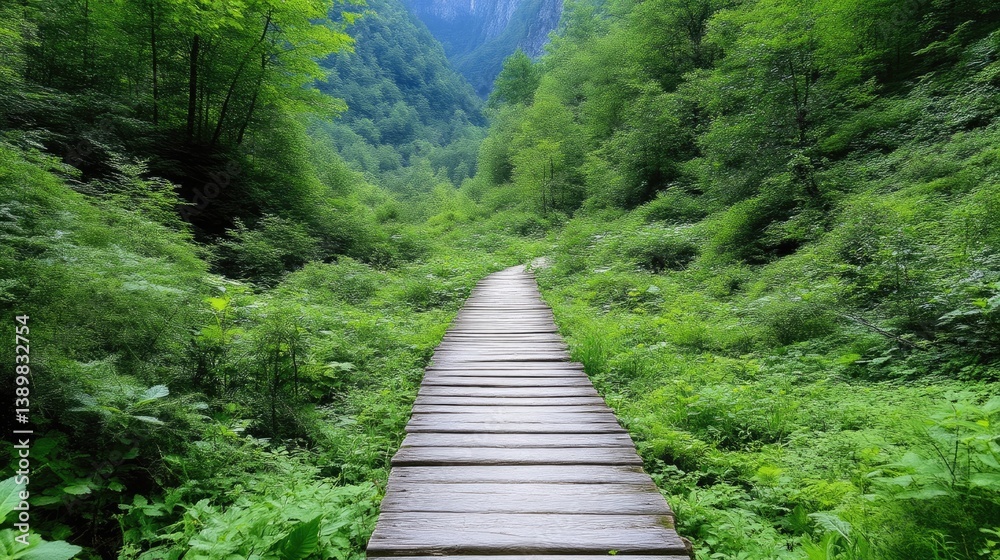 Fototapeta premium Lush forest trail meanders through verdant valley