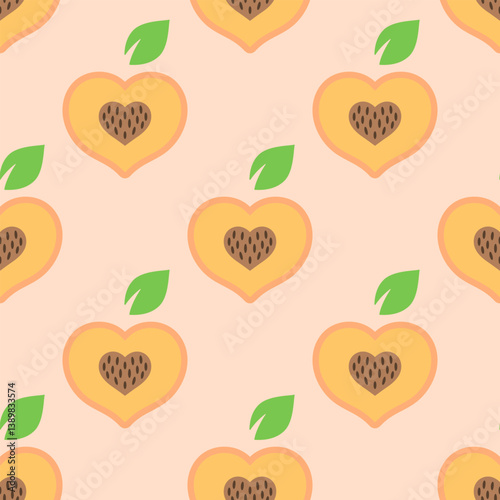 Valentines Day seamless pattern with cute peaches hearts on a pastel background. Peach halves with heart shaped pit in cartoon style. Vector pattern for a wrapping paper, textile prints, wallpaper