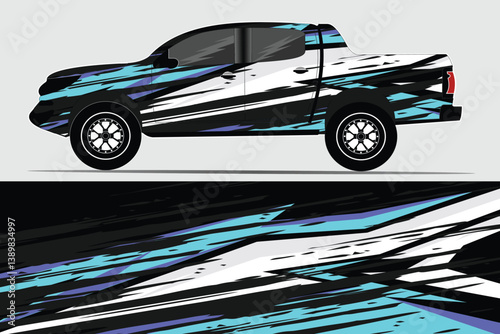 Stylishly designed pickup truck with dynamic graphics showcased against a minimalist background