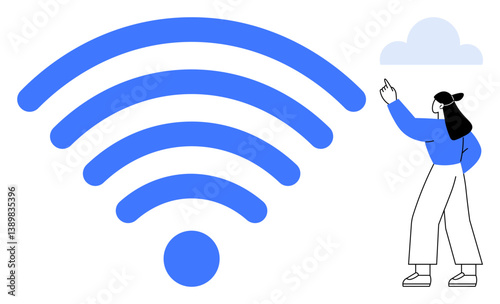 Woman gestures toward oversized wireless signal and cloud, representing connection, communication, internet-based services, remote access, networking, innovation, and digital progress. Ideal