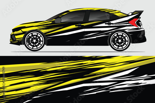 Stylishly designed race car featuring dynamic yellow and black graphics, set against a neutral background