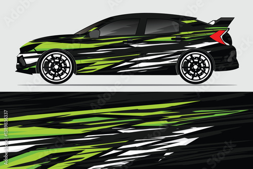 Stylishly designed racing car with dynamic graphics parked against a minimalist background