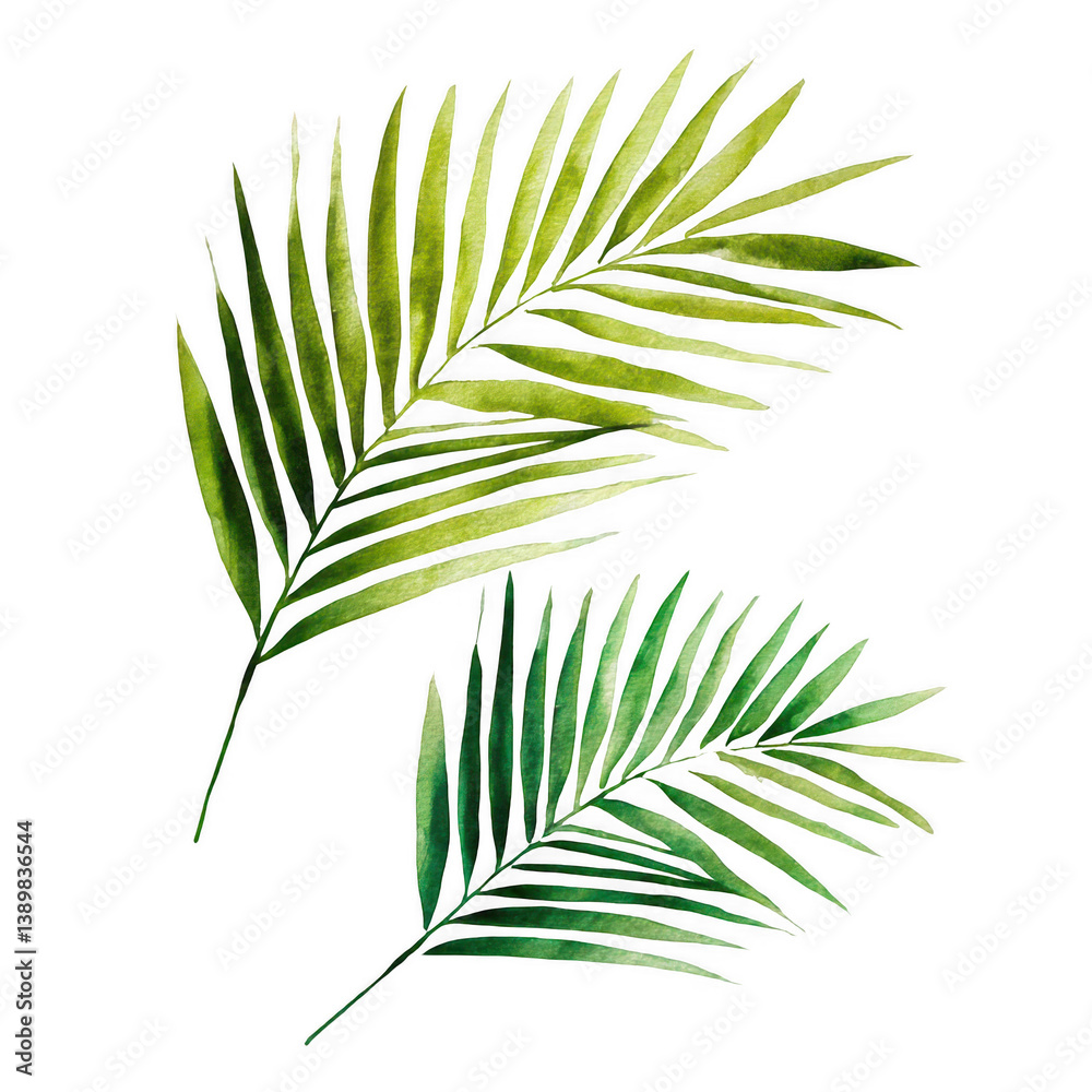 Fototapeta premium Palm tree leaf, simple watercolor clipart, tender green color, solid white background, png
