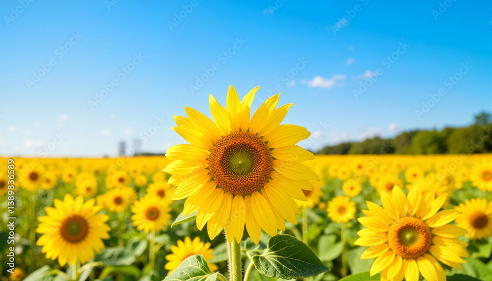 Obraz premium Vibrant sunflower blooms against a clear blue sky 