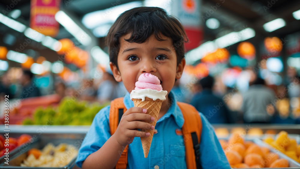 Cute Boy Enjoying Ice Cream At The Fruit Market On A Sunny Day Cute Boy Enjoying Ice Cream At The Fruit Market On A Sunny Day