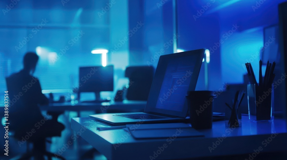 Naklejka premium Silhouette working late in modern office.