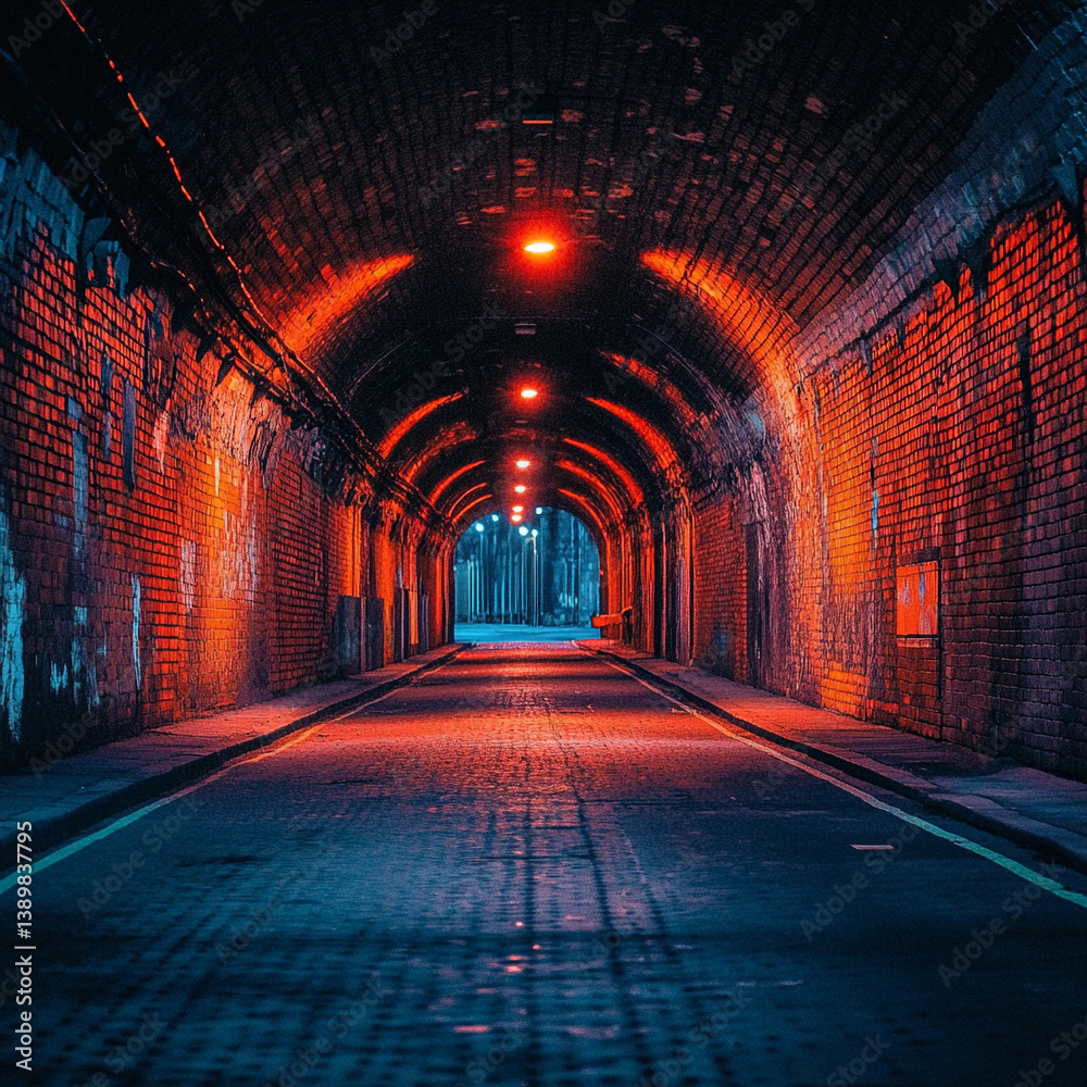 Obraz premium Deserted tunnel under a city with exposed brick walls showcasing forgotten underground architecture