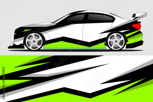 Stylishly designed racing car with vibrant graphics, showcasing dynamic lines and colors on a grey background