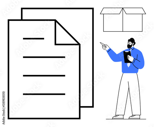 Man pointing at checklist and large documents while holding a clipboard. Includes box outline and organized layout. Ideal for productivity, organization, documentation, management, planning