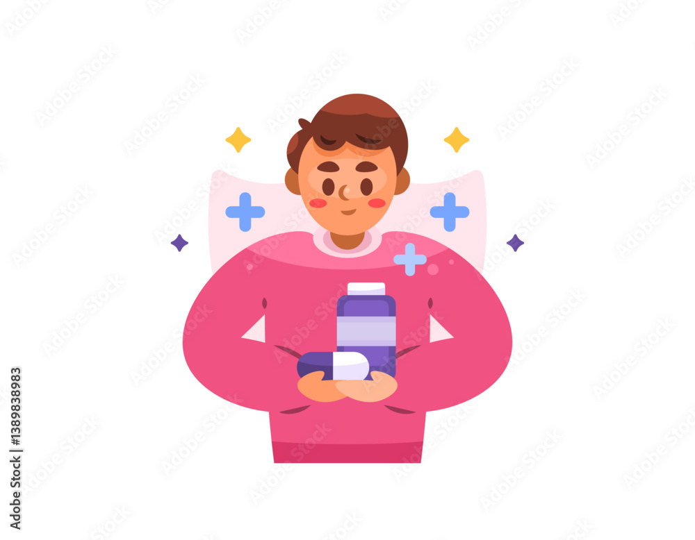 illustration of a man holding medicines, vitamins and supplements. boy enjoys consuming vitamins for health and immunity. facial expression. nutrition and protection. flat style character design illustration of a man holding medicines, vitamins and supplements. boy enjoys consuming vitamins for health and immunity. facial expression. nutrition and protection. flat style character design