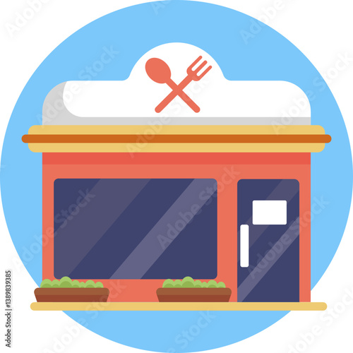 Restaurant building with fork and knife symbol, representing a dining establishment.