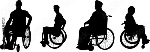 set of silhouette people in wheelchairs in different angles, vector