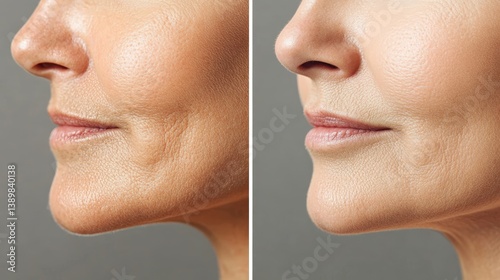 Profile comparison of a woman's face before and after a cosmetic procedure highlighting wrinkle reduction and a smoother, defined jawline enhancement photo