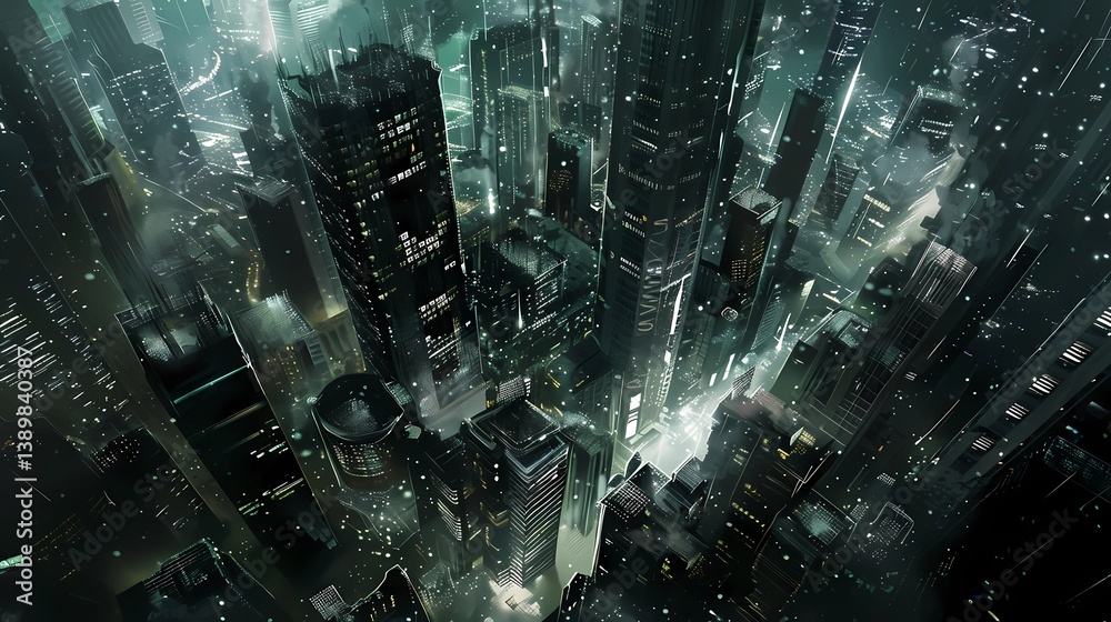 Obraz premium A future architectural design, city bird's eye view, dark tones, stunning effects, Generative AI illustrations.
