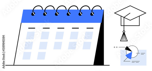 Spiral-bound calendar beside a graduation cap, pie chart, and data graph. Ideal for education, planning, scheduling, deadlines, academic goals analysis success. Flat simple metaphor