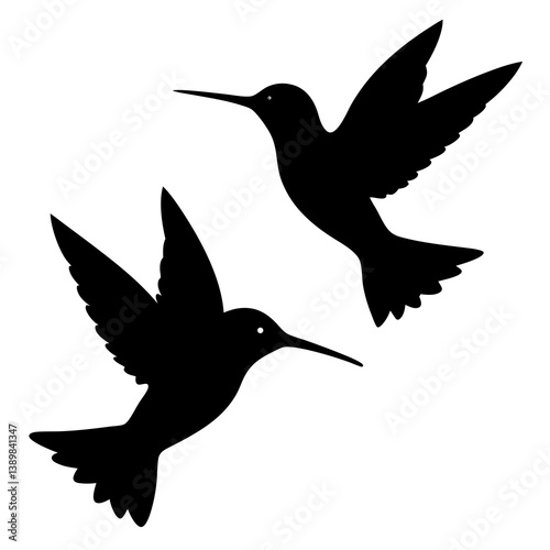 Two hummingbird silhouettes flying on a white background