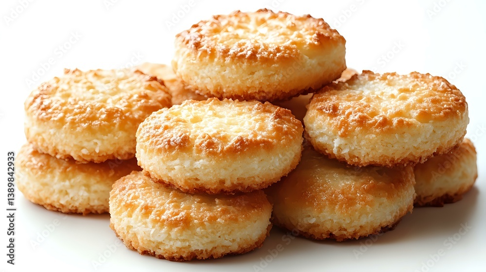 Fresh baked coconut macaroons stacked together showing golden brown crispy exterior and soft interior texture on white background, food photography. Fresh baked coconut macaroons stacked together showing golden brown crispy exterior and soft interior texture on white background, food photography.