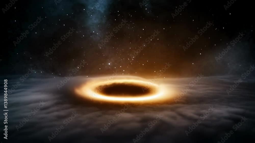 Dynamic celestial scene with pulsating black hole and glowing accretion disk across starry universe