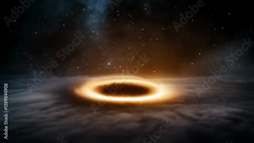 Dynamic celestial scene with pulsating black hole and glowing accretion disk across starry universe