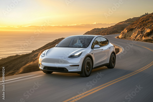 Electric SUV Driving Coastal Road Sunset Scenic Ocean View Travel Adventure Eco Friendly Vehicle