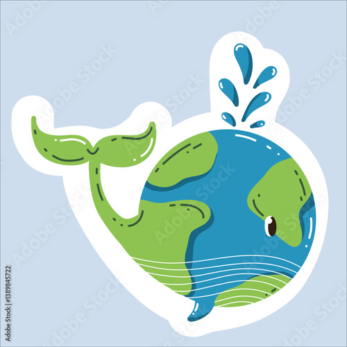 Vector sticker "Earth Day" in a trendy cartoon style. World Environment Day. Funny vector illustration of planet Earth, a globe with a smiley face. Eco-friendly labels or badges.