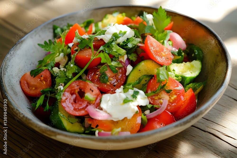 Fresh garden salad with cherry tomatoes, cucumber slices, red onion rings and herbs topped with creamy white sauce in rustic ceramic bowl on wooden surface. Fresh garden salad with cherry tomatoes, cucumber slices, red onion rings and herbs topped with creamy white sauce in rustic ceramic bowl on wooden surface.