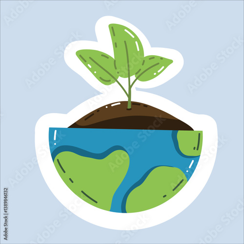 Vector sticker "Earth Day" in a trendy cartoon style. World Environment Day. Funny vector illustration of planet Earth, a globe with a smiley face. Eco-friendly labels or badges.