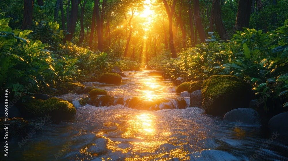 Golden waterfall in forest