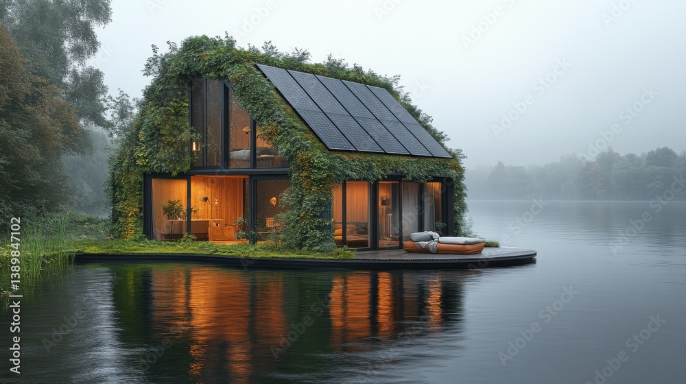 Obraz premium Ecohouse lake with green roof, and sunset.