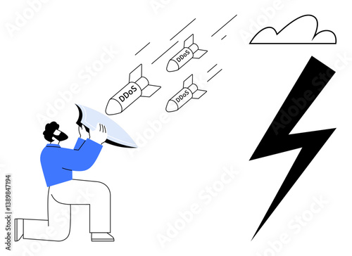 Man crouches with shield deflecting incoming DDoS missile attacks amidst a threatening storm cloud. Ideal for cybersecurity, web protection, digital threats, risk management, online defense, IT