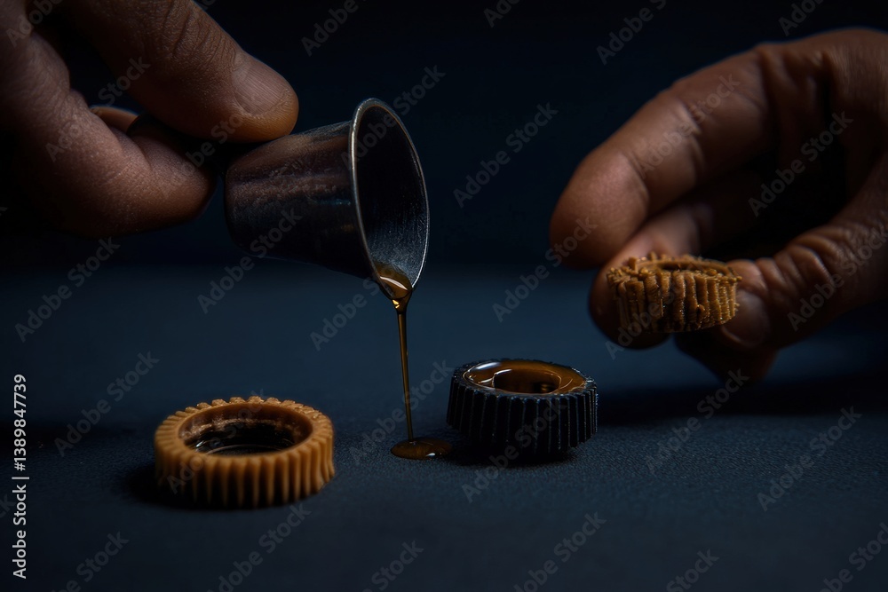Artisanal craftsmanship in action: detailed focus on oiling intricate gear mechanisms, showcasing precision engineering and expert maintenance techniques.