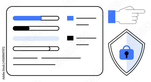 Progress bars on a data management interface, a pointing hand, and a shield with a padlock. Ideal for data management, security, progress tracking, privacy, cybersecurity, business analysis workflow