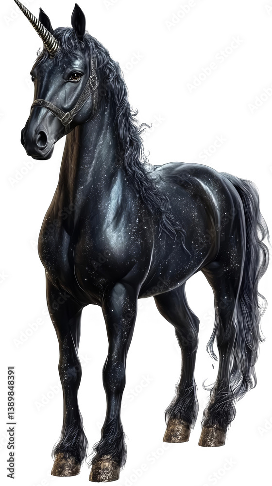 Fototapeta premium Elegant Black Unicorn Illustration With Starry Sparkle On Transparent Background