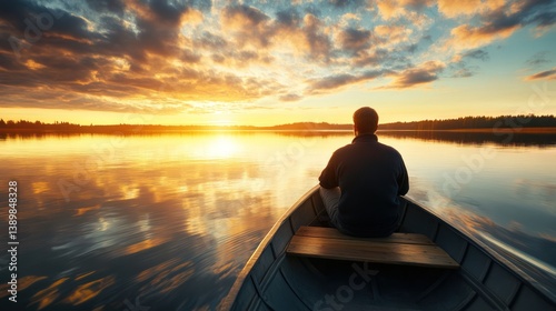 Serene Sunset Lake: Man Contemplating Nature's Beauty