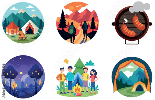 Camping Bundle. Smiling Young Man Camping Collection Stickers
